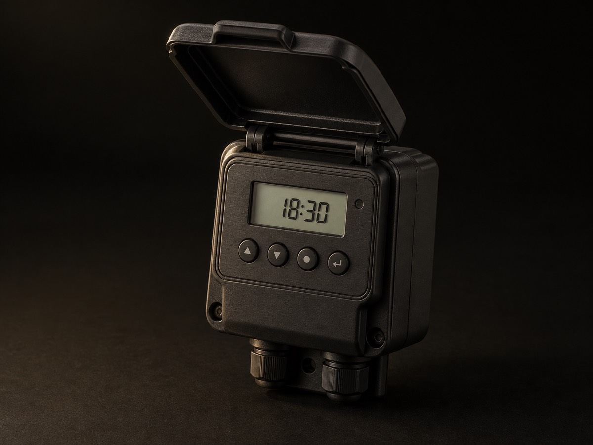 Weatherproof digital astronomical timer with its lid open