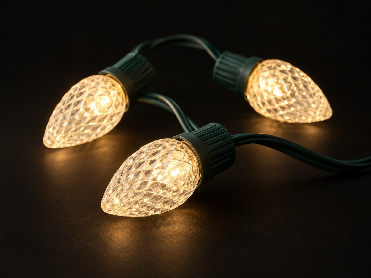 Three warm-white faceted C9 LED bulbs on green commercial wire