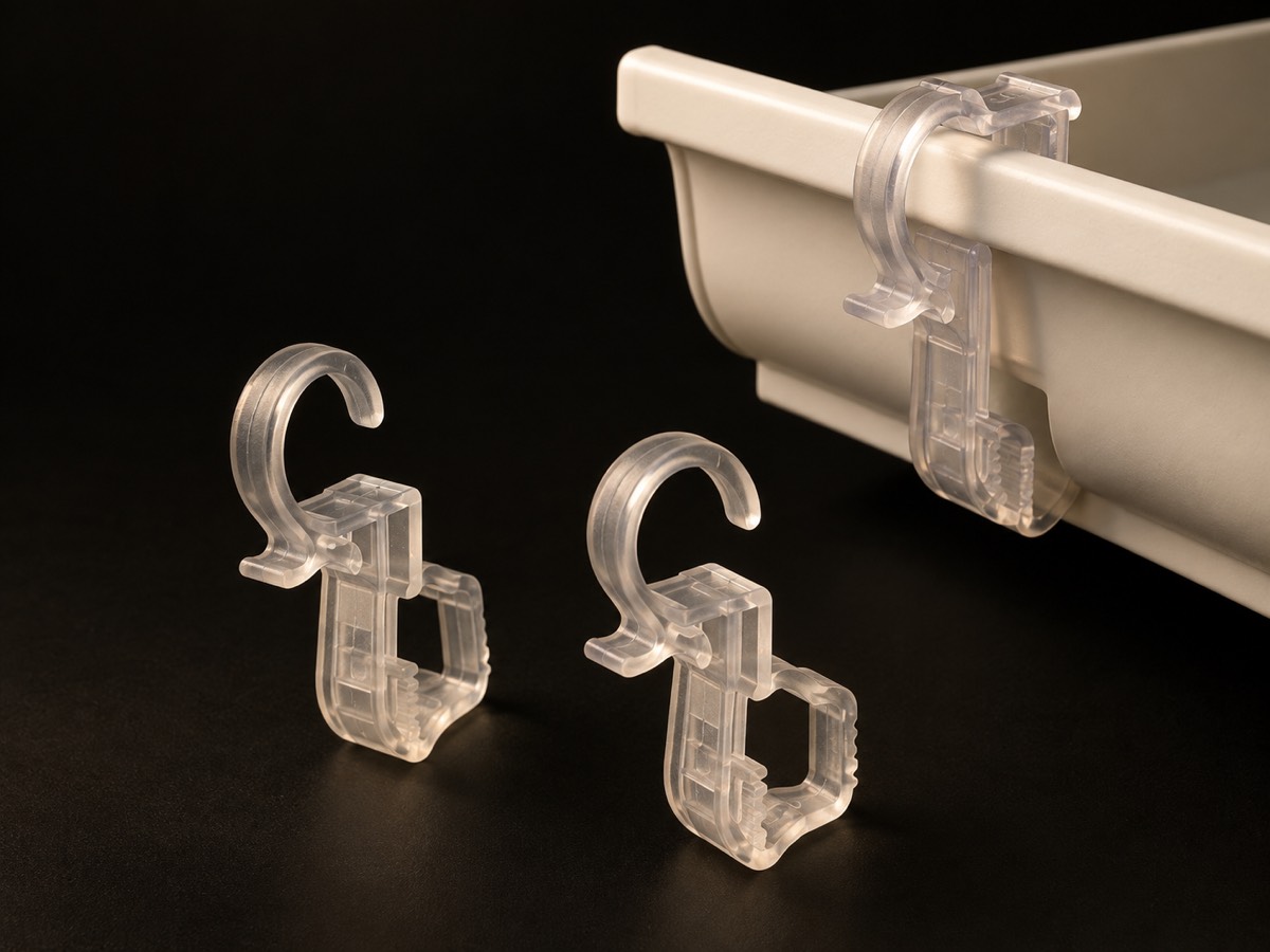 Clear all-weather light clips, one shown hooked onto a gutter edge